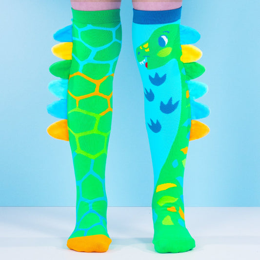 Fun novelty socks featuring dinosaur scales and soft 3D spine details