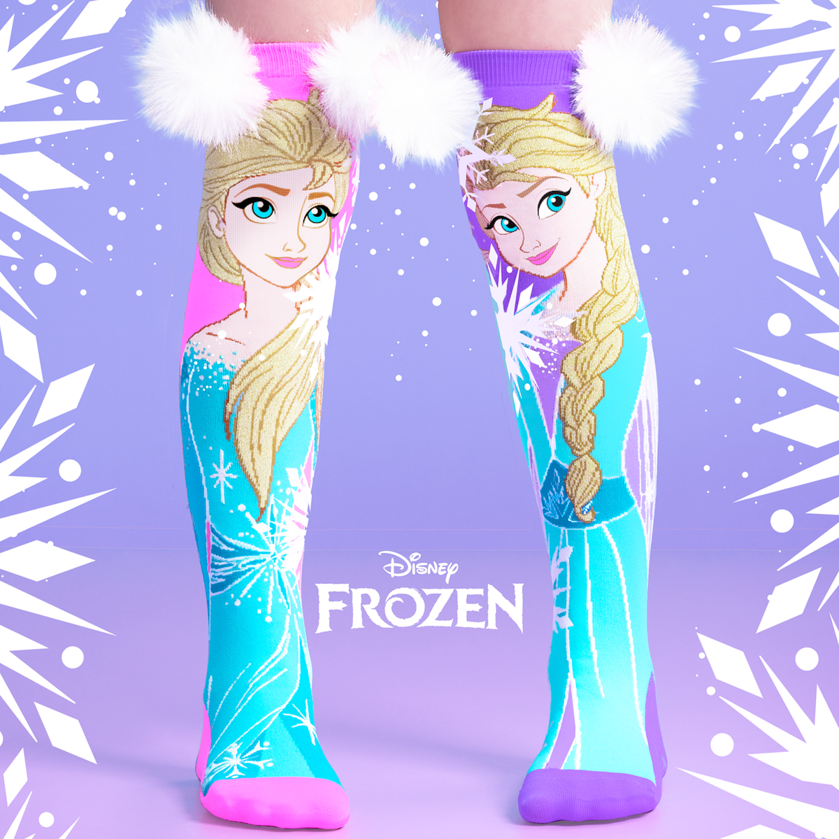 Kids Disney Frozen Elsa socks featuring colorful character artwork, snowflake details, and fluffy white pom poms
