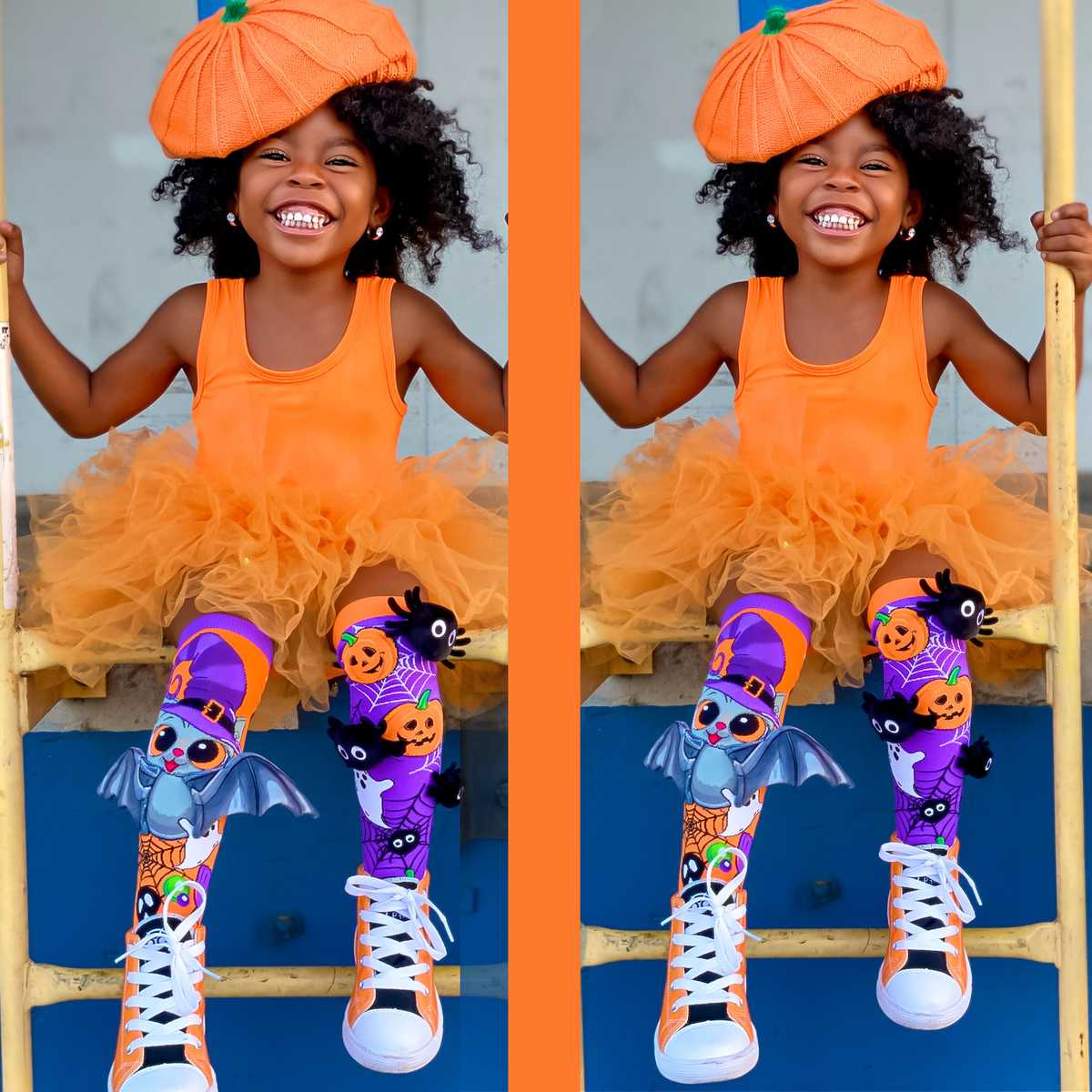 Halloween character socks featuring colorful spooky graphics, 3D spiders, and bat wing details.