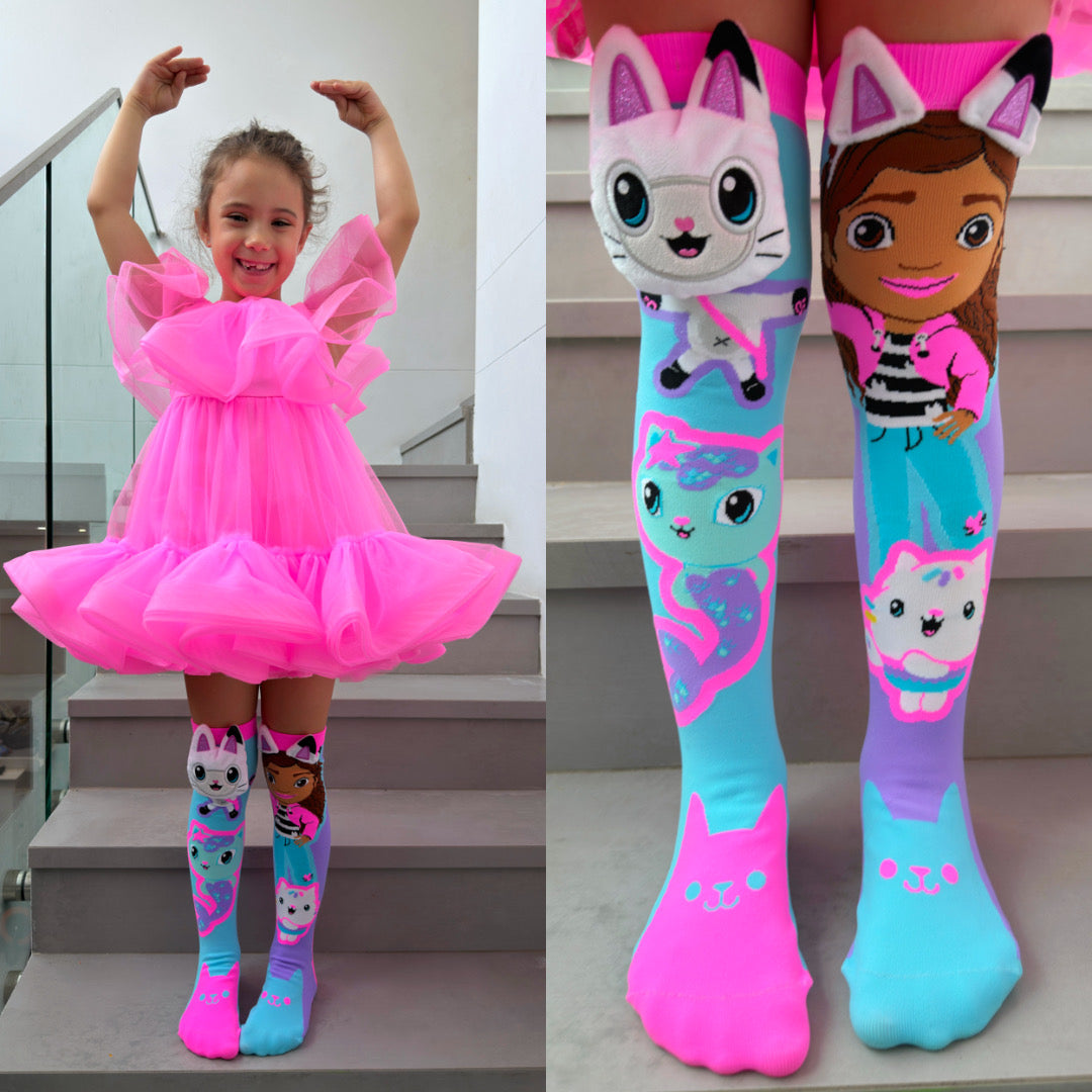 kids cartoon socks Gabby’s Dollhouse theme with teal pink and purple colors
