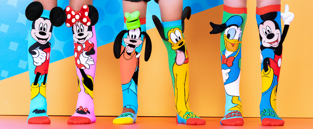Disney Pluto and Goofy socks for kids and adults featuring playful character graphics and bright colors.